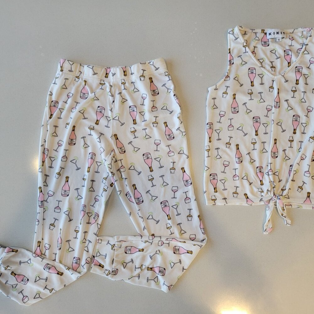 Kiki Sleeveless Tie-Front Pajama Set in White with Pink Champagne Print